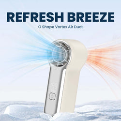 Typhoon Wind Mini Fan with 199 Speed showcasing O Shape Vortex Air Duct for refreshing breeze in beige and chrome.