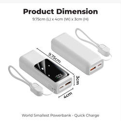 10000mAh World Smallest Powerbank QC3.0 + PD22.5W Super Quick Charge dimensions showing 9.75cm x 4cm x 3cm.