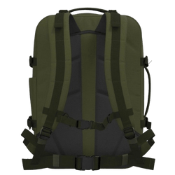Cabinzero Military Cabin Bag With Luggage Trackers 44L featuring a sturdy back design and adjustable straps.