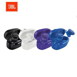 JBL Endurance Race 2 Wireless Earbuds in black, white, and blue colors in their charging case.