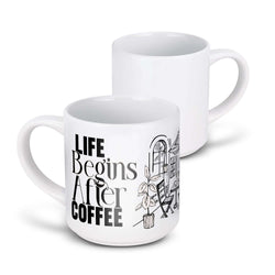 Arista Stackable Coffee Mug with a design that says 'Life Begins After Coffee'