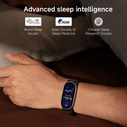 Xiaomi Smart Band 10 showcasing advanced sleep intelligence with certifications from sleep societies.