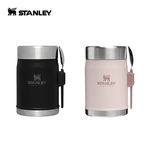 STANLEY Legendary 400ml Food Jar in black and pink with integrated spork for outdoor adventures.