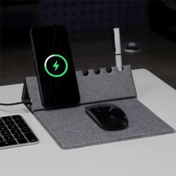 BrandCharger Evopad Charge Eco 2 multifunctional desk accessory with mouse pad, smartphone stand, and wireless charger.