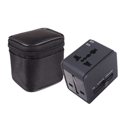 Universal Travel Adaptor with Pouch next to a zippered black storage pouch, ideal for convenient charging on the go.