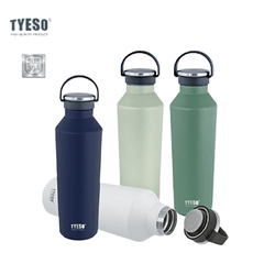 TYESO Vacuum Insulated Sports Bottle with Soft Silicone Handle in various colors with stainless steel design.
