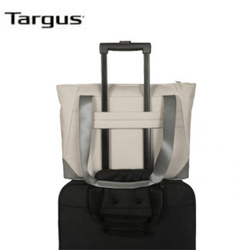 Targus Avila 15-16” Tote Bag on top of a suitcase, showcasing its stylish and functional design.