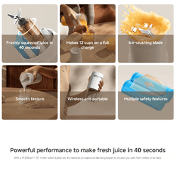 Xiaomi Portable Blender features: make fresh juice in 40 seconds, wireless, portable, multiple safety features.