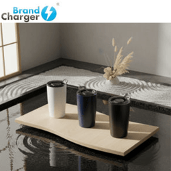 BrandCharger Brew Vacuum Tumbler collection showcased on a wooden surface with decorative elements.